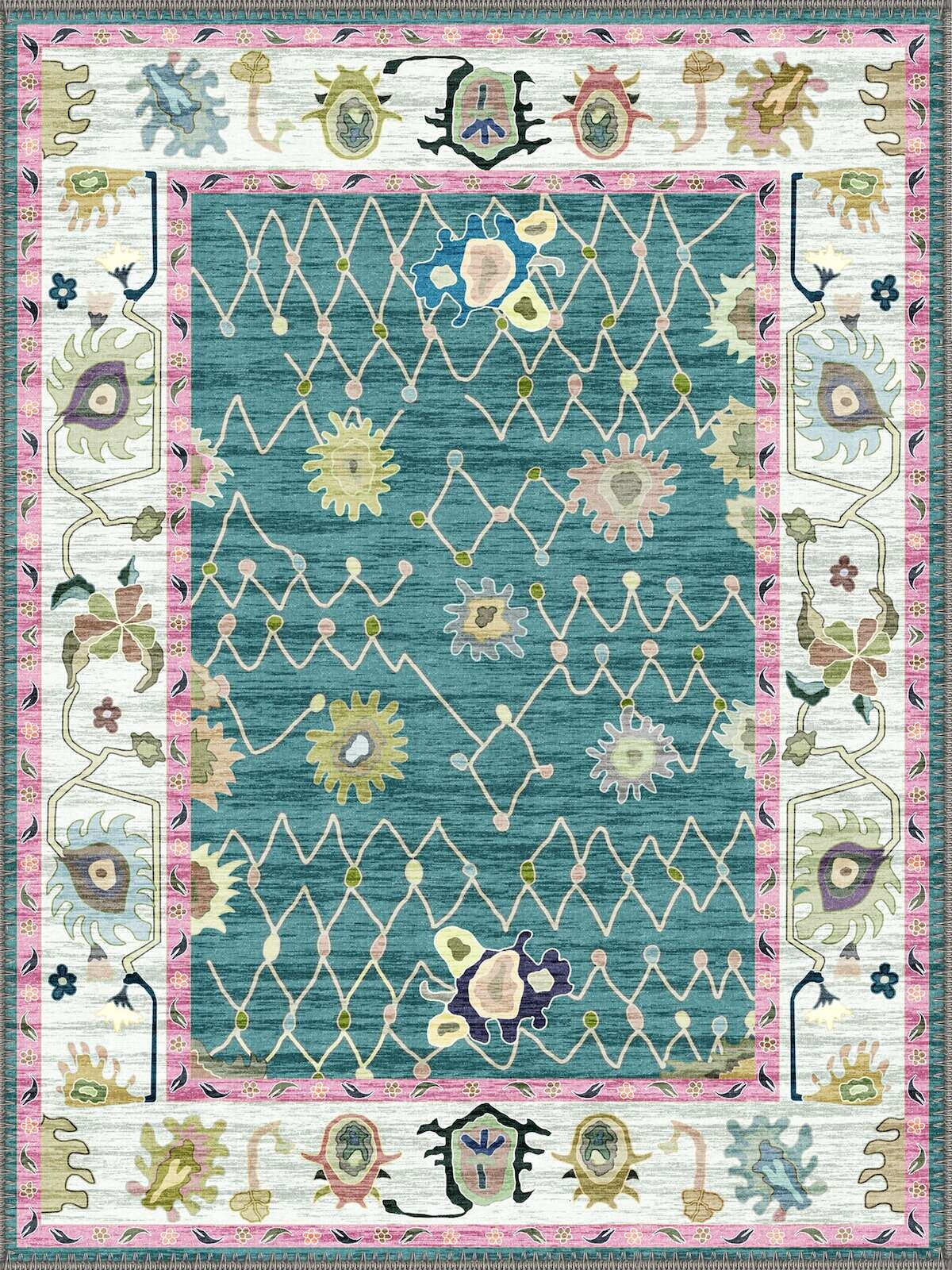 Bethlehem Uşak patterned Turkuaz & pink vintage Washable Custom Size Rug