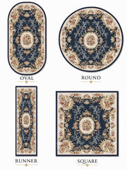 Nigar Floral Classic Medallion Patterned navy & cream İpek Görünümlü Washable Custom Size Rug