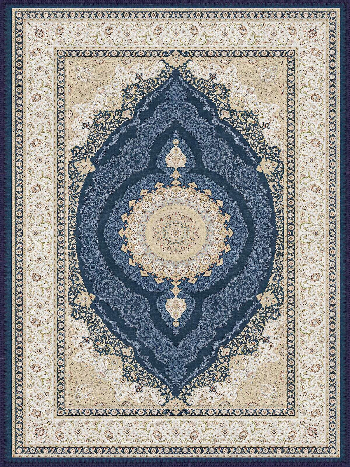Gülnaz classic Medallion Patterned navy & cream İpek Görünümlü Washable Custom Size Rug