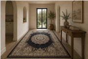 Dilşad classic Medallion Patterned black & cream İpek Görünümlü Washable Custom Size Rug