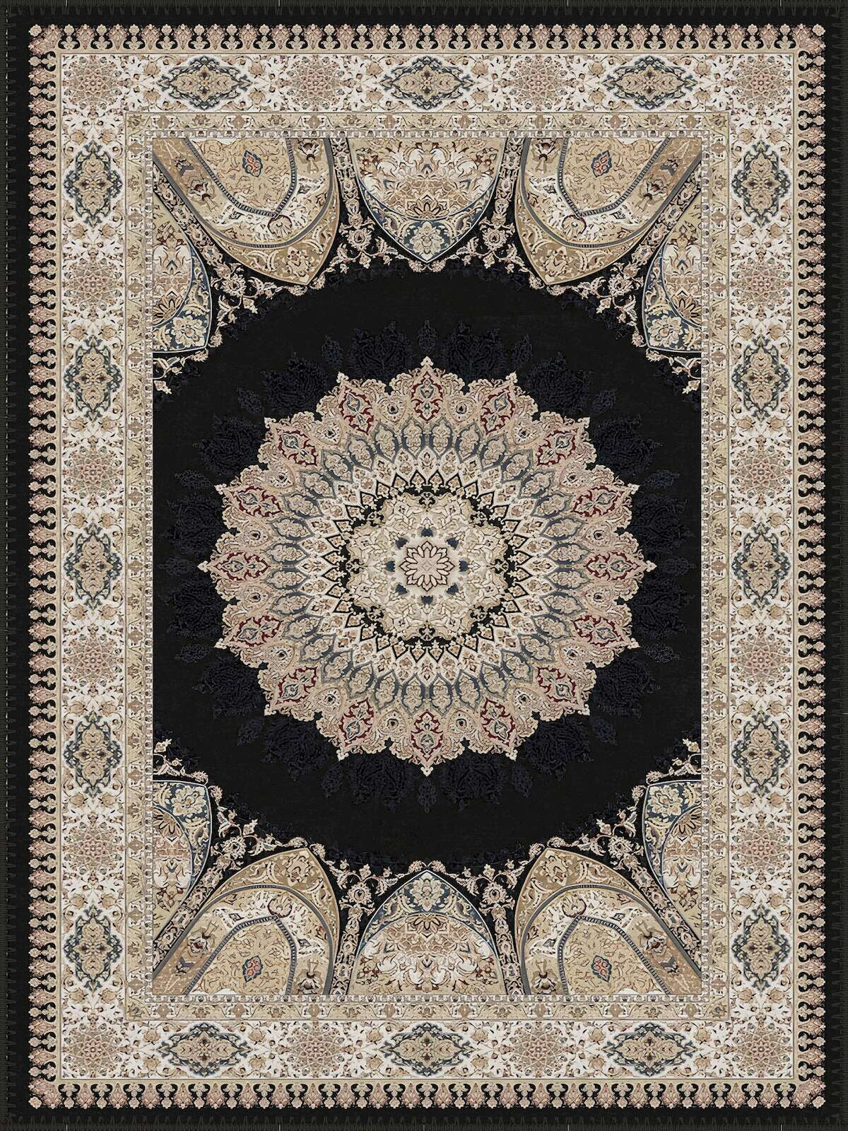 Dilşad classic Medallion Patterned black & cream İpek Görünümlü Washable Custom Size Rug