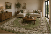 Perizat classic Medallion Patterned green & cream İpek Görünümlü Washable Custom Size Rug