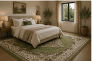 Perizat classic Medallion Patterned green & cream İpek Görünümlü Washable Custom Size Rug