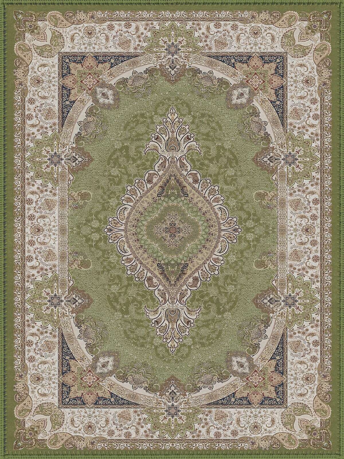 Perizat classic Medallion Patterned green & cream İpek Görünümlü Washable Custom Size Rug