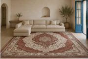 Nevbahar classic Medallion Patterned Gül Kurusu & cream İpek Görünümlü Washable Custom Size Rug