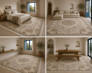 Hanzade classic Medallion Patterned cream & beige İpek Görünümlü Washable Custom Size Rug