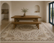 Hanzade classic Medallion Patterned cream & beige İpek Görünümlü Washable Custom Size Rug