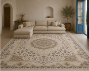 Hanzade classic Medallion Patterned cream & beige İpek Görünümlü Washable Custom Size Rug