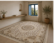Hanzade classic Medallion Patterned cream & beige İpek Görünümlü Washable Custom Size Rug
