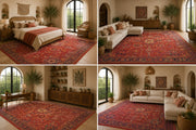 Brüksel vintage Floral Classic patterned Kiremit & navy Washable Custom Size Rug