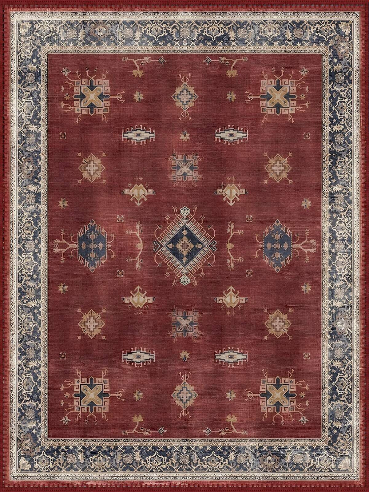 Luzern vintage geometric patterned burgundy & navy Washable Custom Size Rug